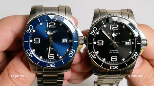 Blue replica HydroConquest beside genuine black HydroConquest